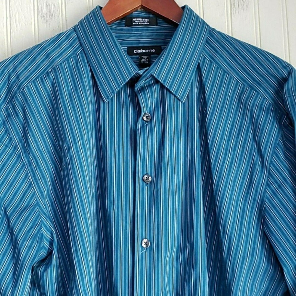 Claiborne Dress Shirt Mens 17 36/37 Blue Stripe Wrinkle Free Long Sleeve Woven